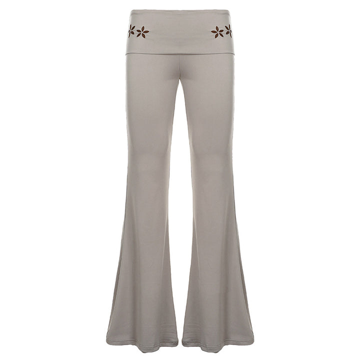 Women's Flared Yoga Pants with Folded Waistband, Comfortable Bootcut Fit and Laser-Cut Flower Detail Mune Fashion
