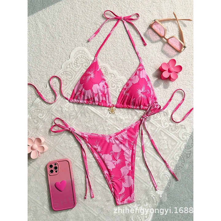 Women's Triangle Bikini with Floral Patterns and Fine Ties Mune Fashion
