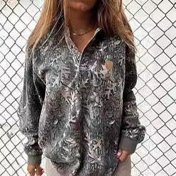 Women's patterned fleece pullover with short zipper, polo collar and ribbed cuffs Mune Fashion