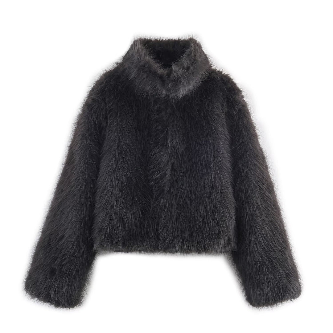 Women's Short Faux Fur Jacket with Stand Collar and Boxy Cut Mune Fashion
