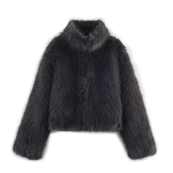 Women's Short Faux Fur Jacket with Stand Collar and Boxy Cut Mune Fashion