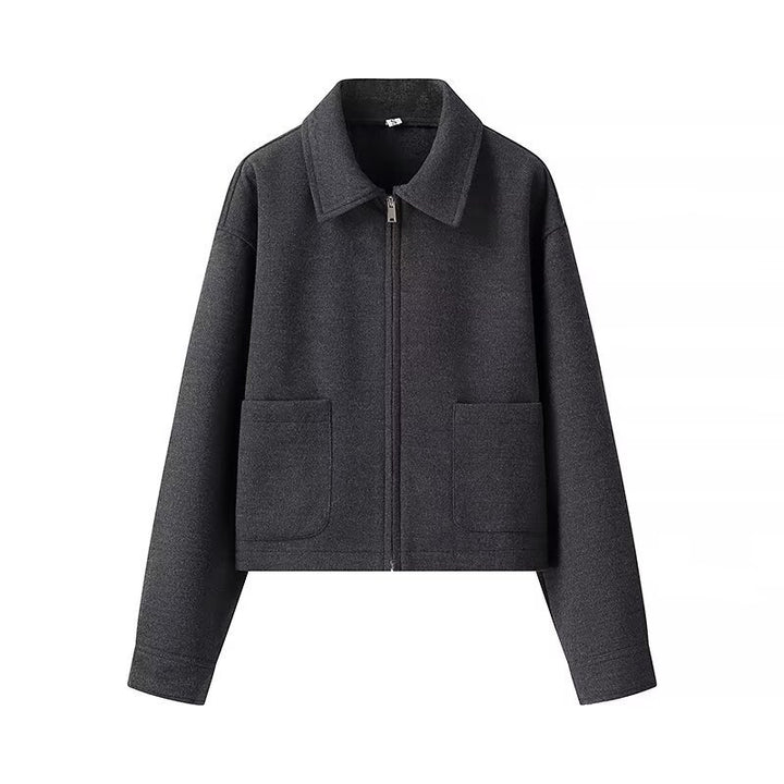 Women's tailored cropped blouson jacket in shirt collar style with concealed zipper front and large appliquéd pockets Mune Fashion