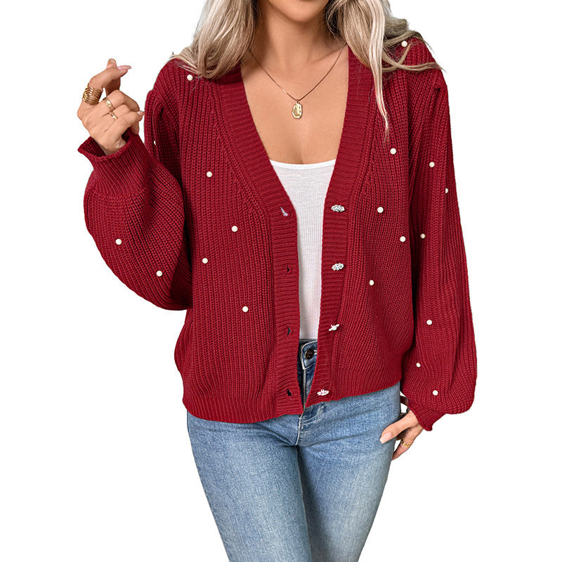 Women Pearl-Embellished Chunky Knit Cardigan with V-Neck Mune Fashion