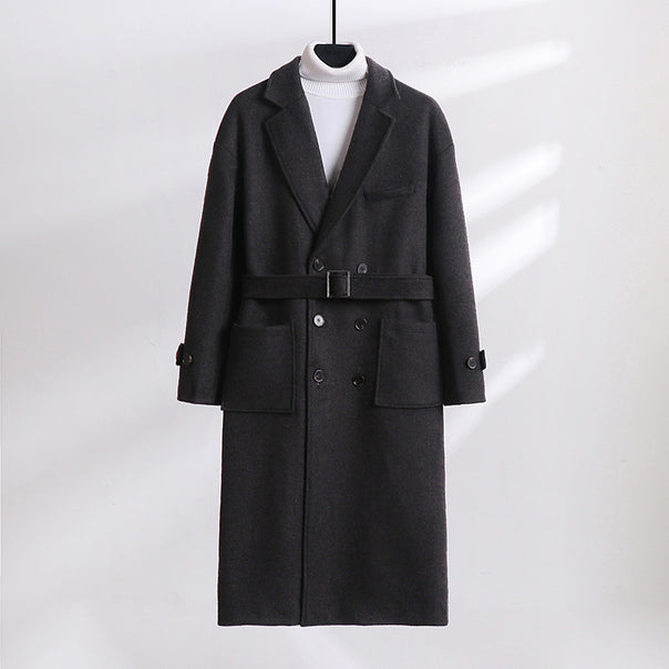 Men's Double-Breasted Wool Blend Long Coat with Notched Lapels and Flap Pockets Mune Fashion