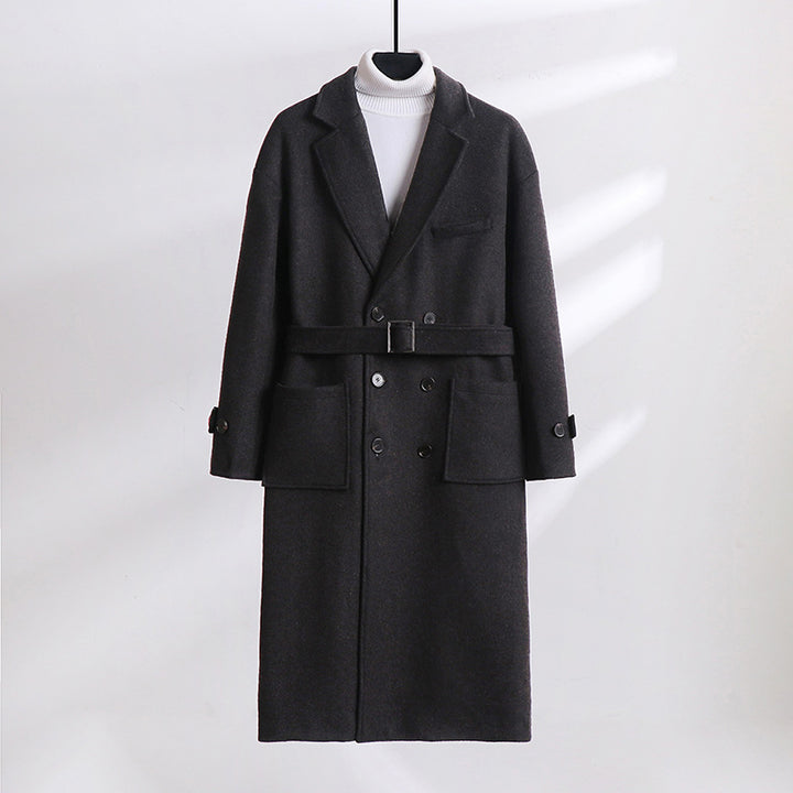 Men's Double-Breasted Wool Blend Long Coat with Notched Lapels and Flap Pockets Mune Fashion