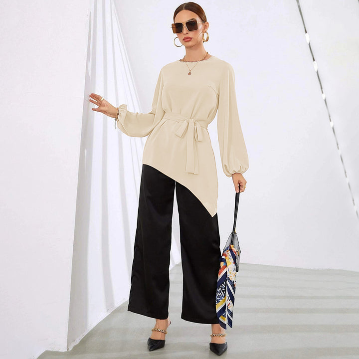 Women asymmetrical tunic blouse with balloon sleeves and waist belt Mune Fashion