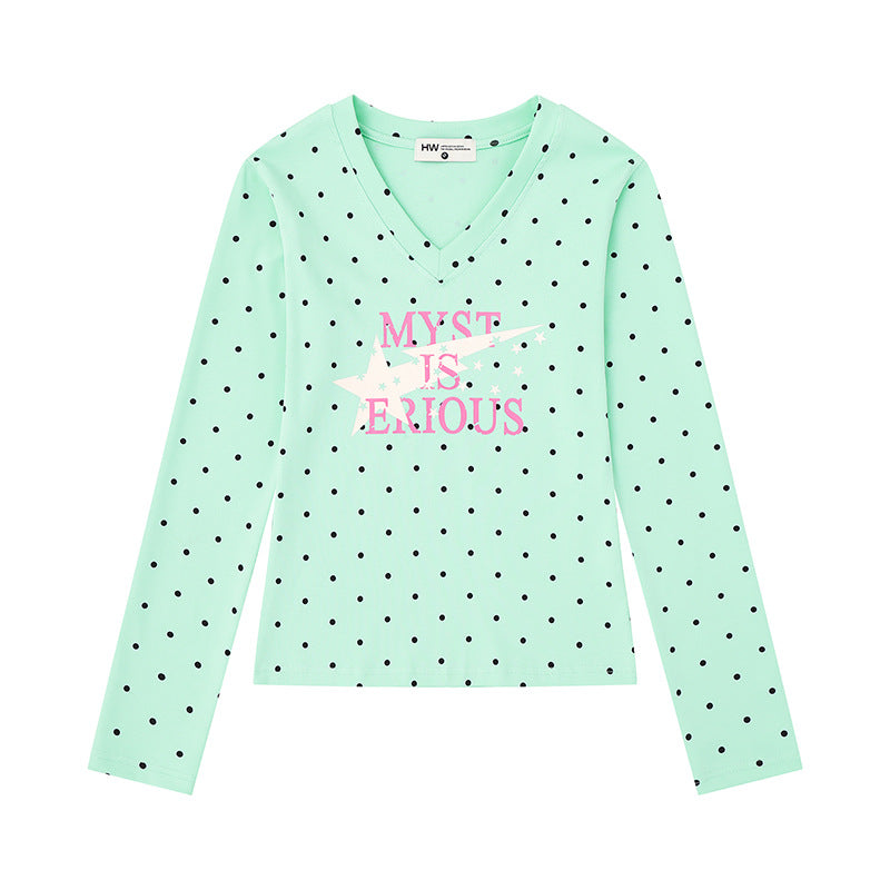 Women's long sleeve shirt with V-neck, polka dots and statement print made of cotton jersey Mune Fashion