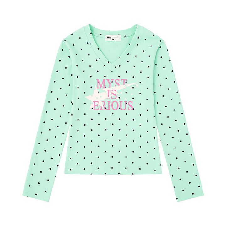 Women's long sleeve shirt with V-neck, polka dots and statement print made of cotton jersey Mune Fashion