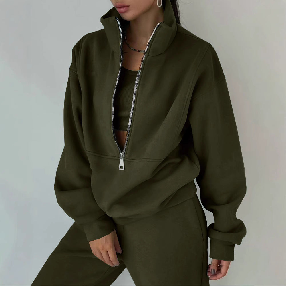 Women's Oversized Half-Zip Sweatshirt with Stand-Up Collar and Matching High-Waist Jogging Pants Mune Fashion