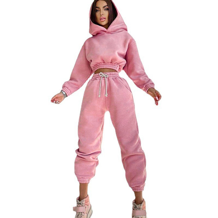 Women's nan Cropped-Hoodie-Loungewear-Set with elastic ribbed waistband, high-waisted joggers and decorative drawstring Mune Fashion