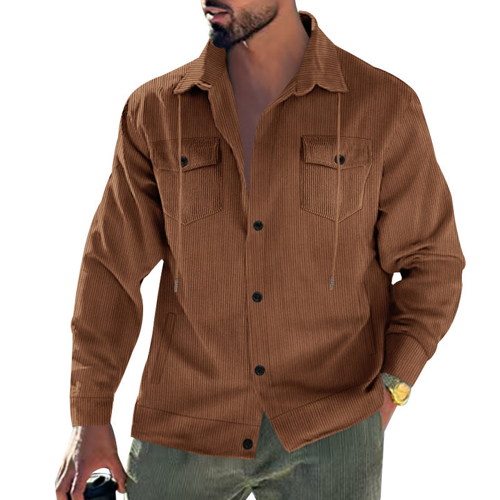 Men's cord jacket with stand-up collar, drawstring, continuous button placket, and applied chest flaps Mune Fashion