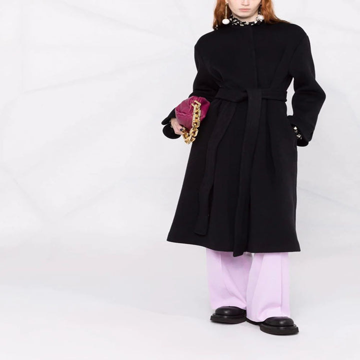 Women's wool blend kimono coat with belted waist and concealed button placket Mune Fashion