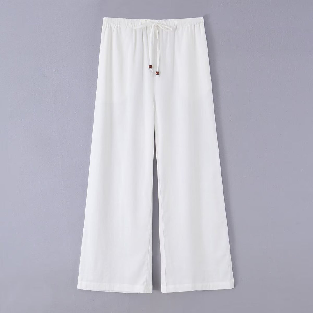 Women's Lightweight Loose Linen Look Pants with Elastic drawstring and Wooden beads Mune Fashion