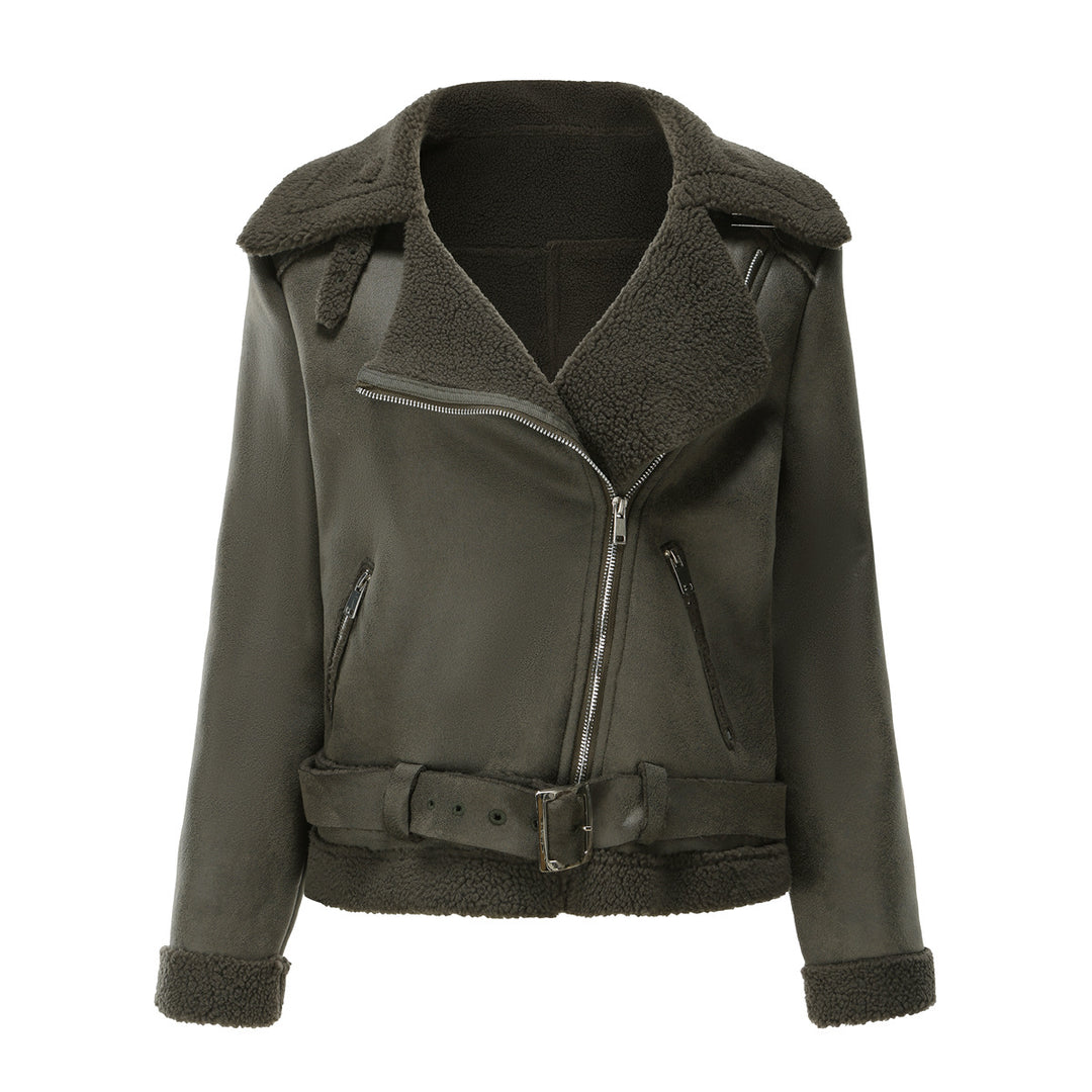 Women’s tailored lambskin imitation pilot jacket with belt and teddy lining Mune Fashion