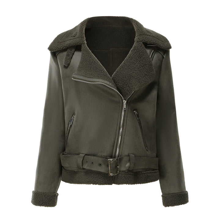 Women’s tailored lambskin imitation pilot jacket with belt and teddy lining Mune Fashion