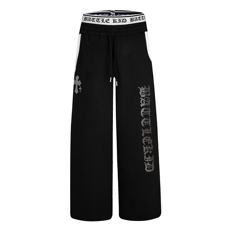 Women's wide lounge jogging pants with high logo waistband, gothic print and drawstring Mune Fashion