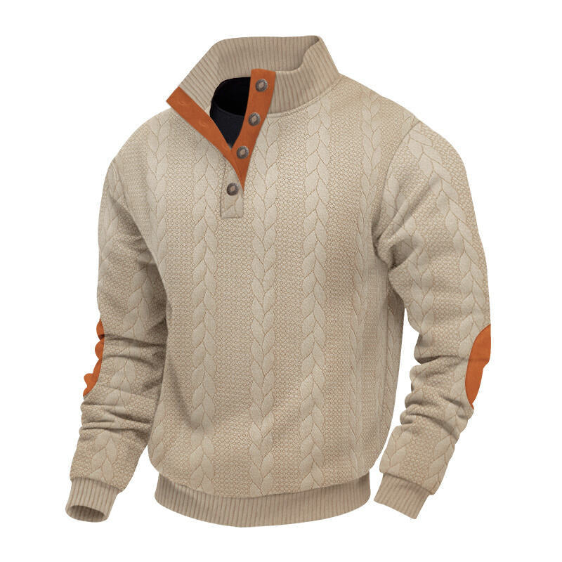 Men's chunky cable knit Troyer with button placket and suede elbow patches Mune Fashion