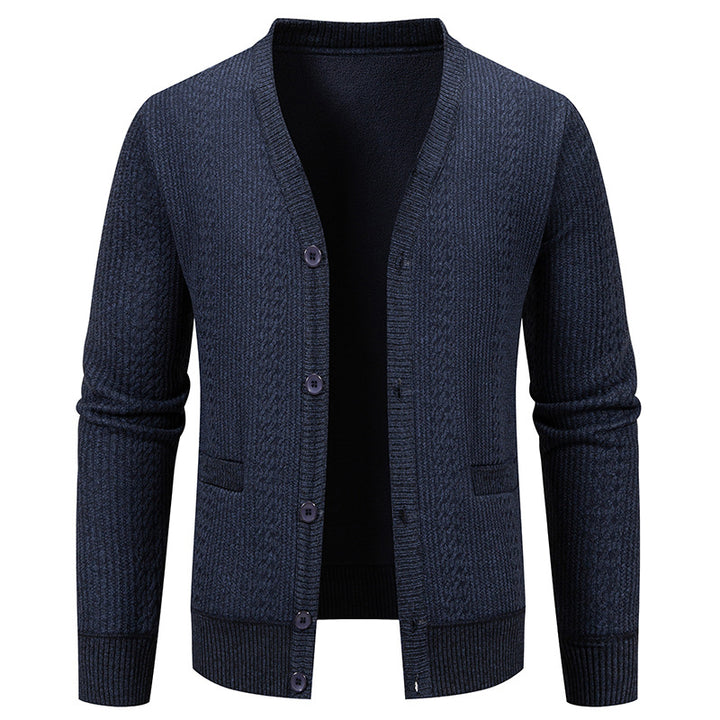 Men's Textured V-Neck Knit Cardigan with Button Placket and Pockets Mune Fashion