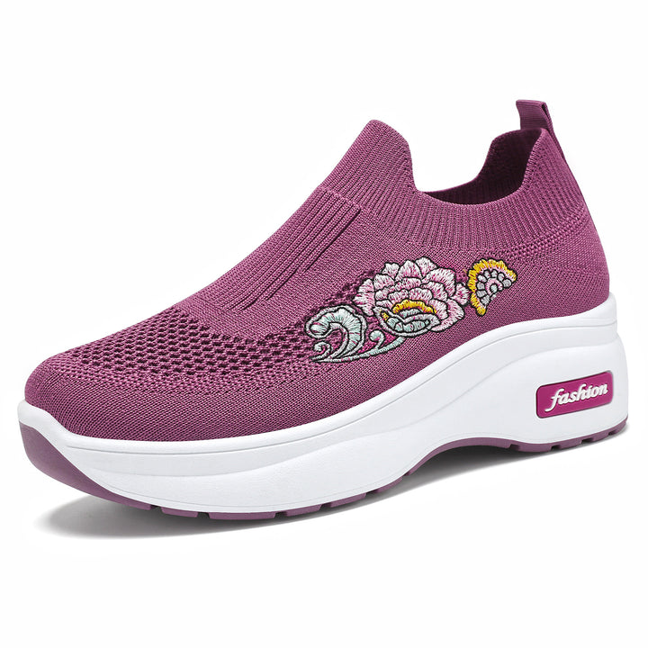 Women's elastic knitted slip-on with embroidered floral motif and supportive wedge outsole Mune Fashion
