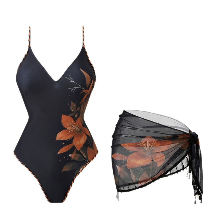 Women's Fashion Swimsuit with Floral Design and Transparent Wrap Skirt Mune Fashion