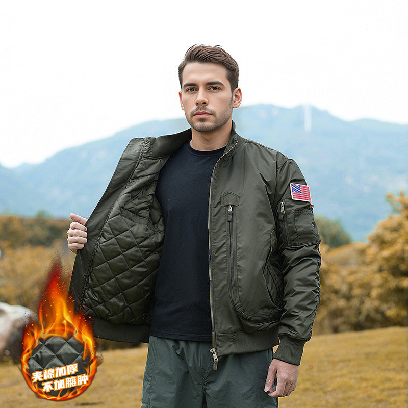 Men's rugged pilot bomber jacket with multifunctional zip and flap pockets as well as arm pocket Mune Fashion