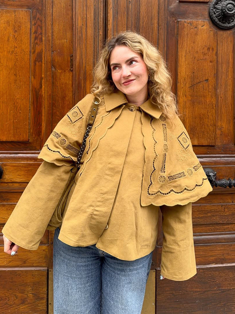 Women's short jacket with embroidered cape, eyelet embroidery and curved hem Mune Fashion