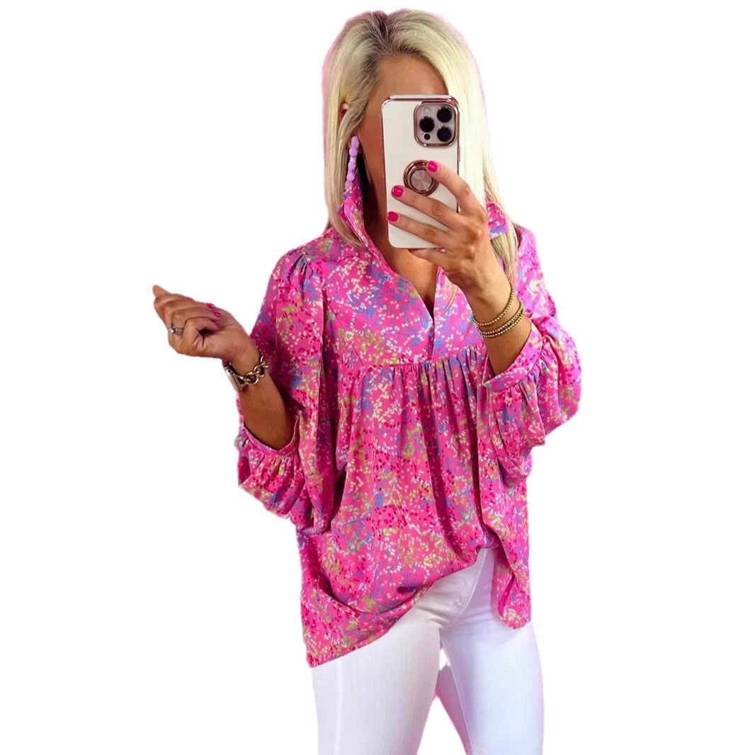 Women's Loose-Fit Floral Blouse with V-Neck and Gathered Yoke Mune Fashion