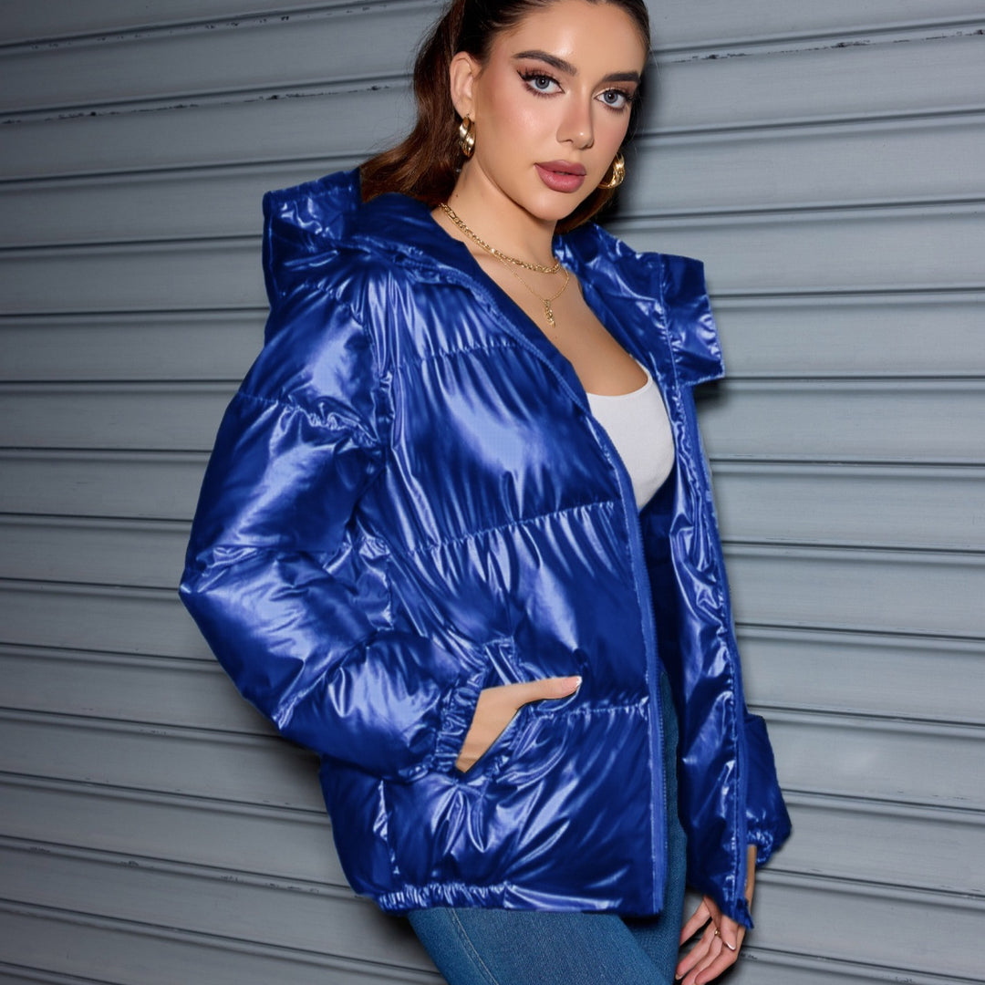 Women's Shiny Oversized Padded Jacket with Hood & Elastic Cuffs Mune Fashion