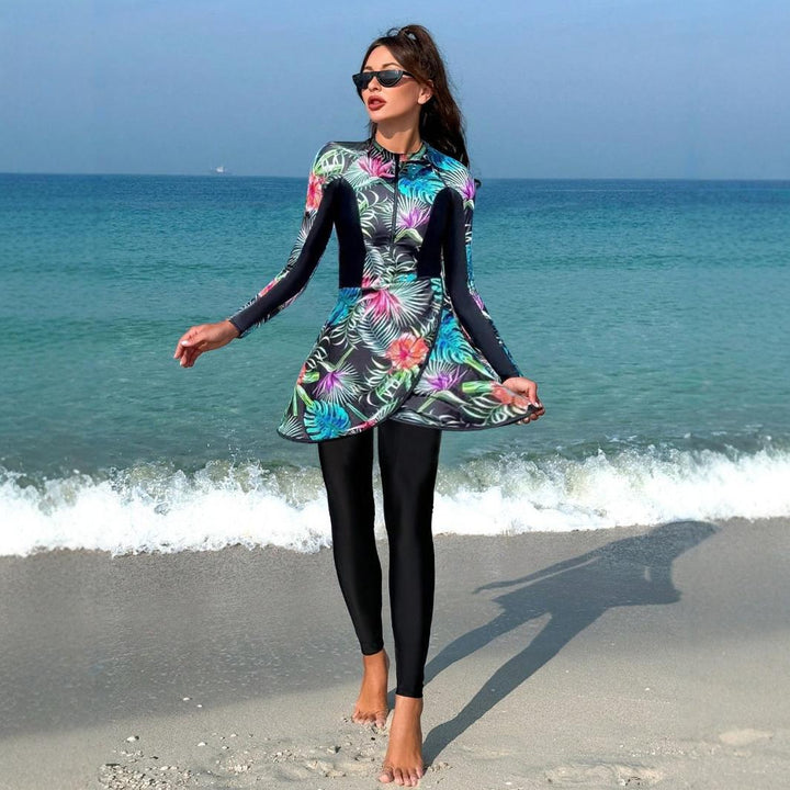 Ladies' Sporty Long Sleeve Swimsuit with Flared Skirt Mune Fashion