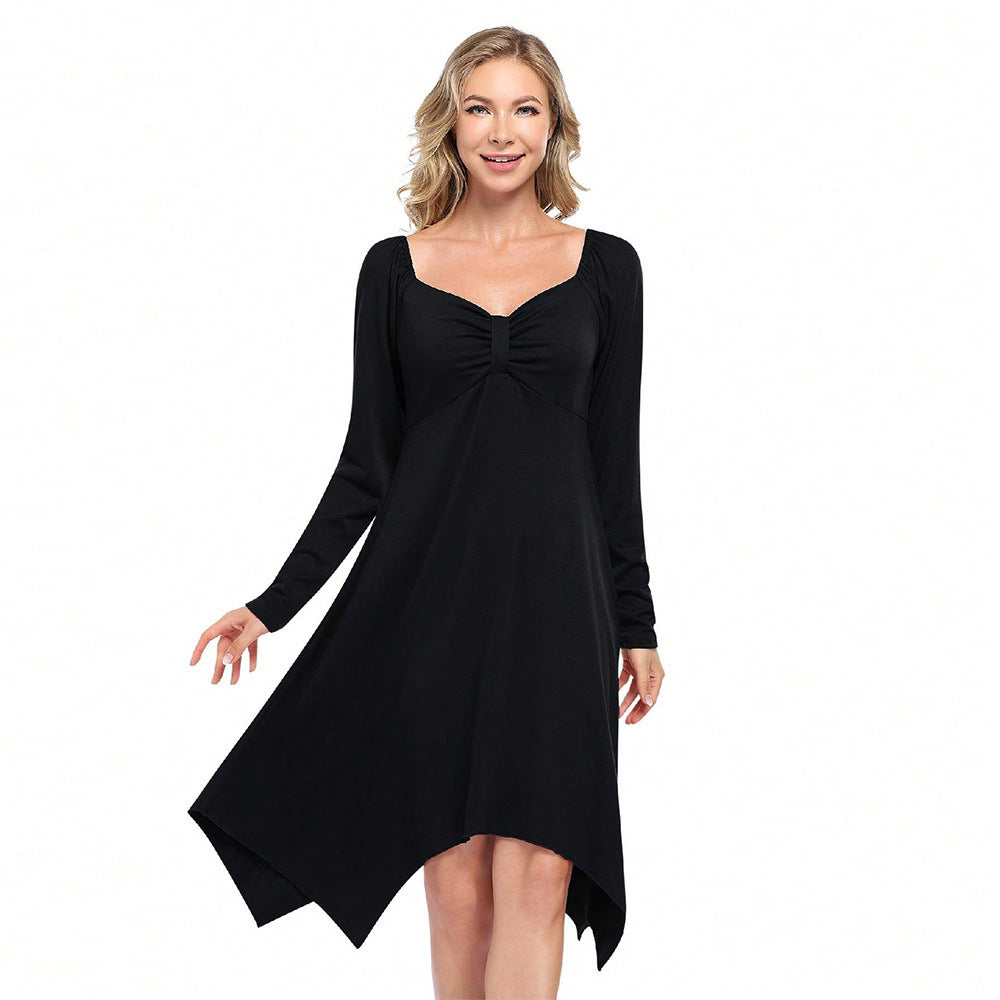Women’s asymmetrical long sleeve dress with gathered bustier, empire seam, and pointed hem Mune Fashion