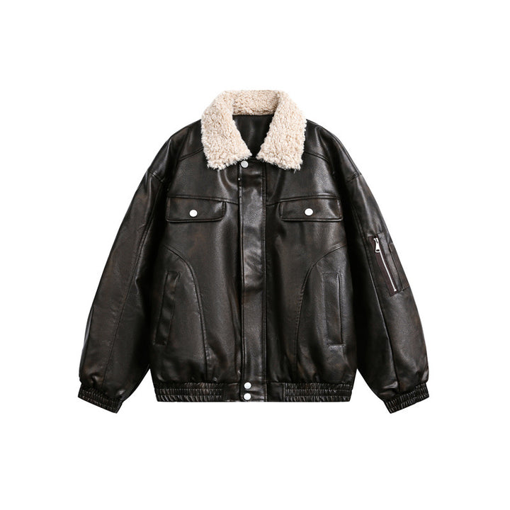 Men's aviator-inspired faux leather bomber jacket with teddy collar and sleeve utility pocket Mune Fashion