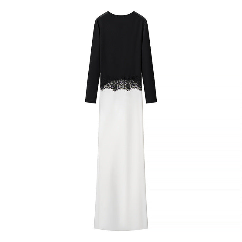 Women Two-tone Maxi Dress with Gathered V Yoke, Lace Trim and Long Sleeves Mune Fashion