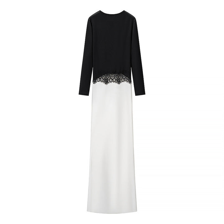 Women Two-tone Maxi Dress with Gathered V Yoke, Lace Trim and Long Sleeves Mune Fashion