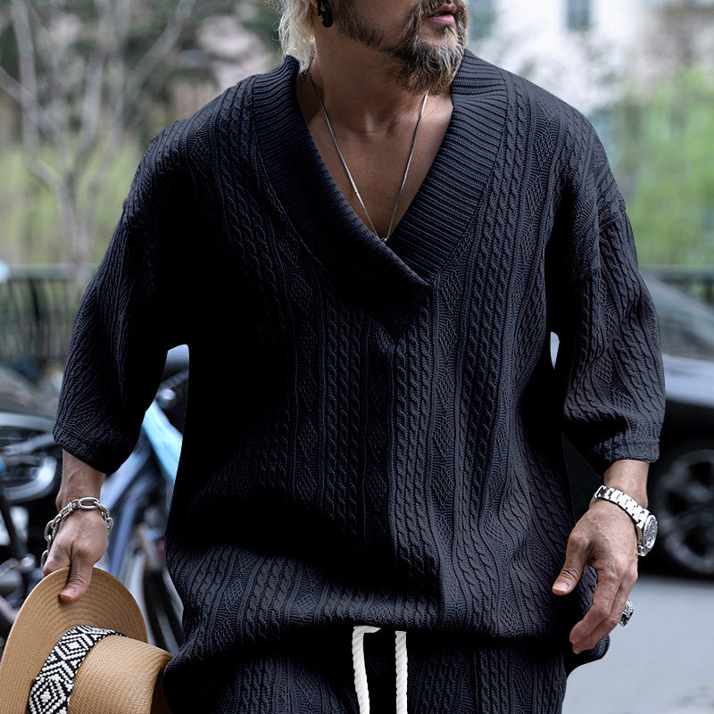 Men's oversized chunky knit sweater with deep V-neck and three-quarter sleeves Mune Fashion