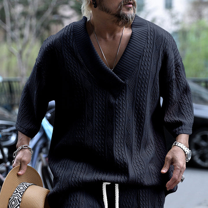 Men's oversized chunky knit sweater with deep V-neck and three-quarter sleeves Mune Fashion