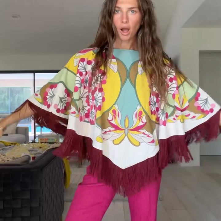 Ladies Silk Print Poncho with Retro Floral Pattern and Long Fringes Mune Fashion