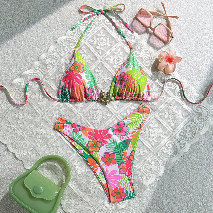 Women's Triangle Bikini with Colorful Flower Design Mune Fashion