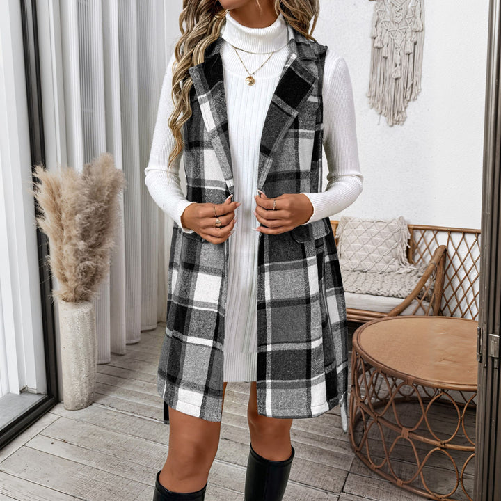Women Checked Long Jacket Without Sleeves Mune Fashion