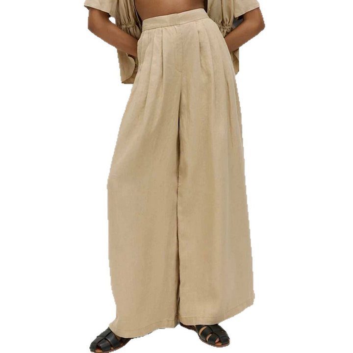 Women Wide High-Waist Linen Look Palazzo Pants with Pleats and Side Pockets Mune Fashion