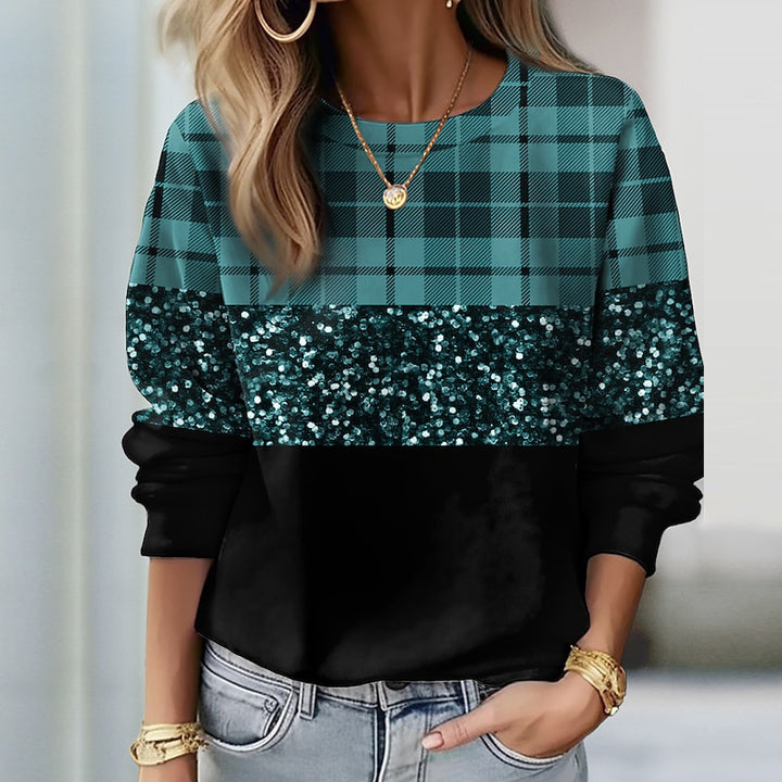 Women's sweatshirt with check pattern, sequined band and loose hem Mune Fashion