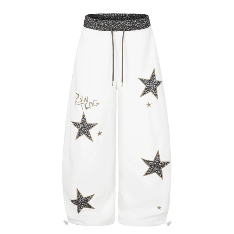 Women's Extra Wide Palazzo Sweatpants with Leo Waist, Star Appliqués and Drawstring Mune Fashion