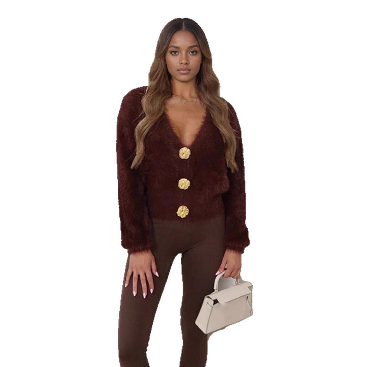Women's Fluffy Short Jacket with V-Neck and Metallic Decorative Buttons Mune Fashion