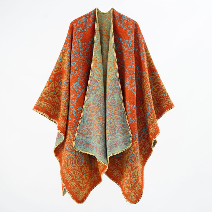 Women's overlay poncho in double-face jacquard with paisley inspiration and decorative stitch edge Mune Fashion