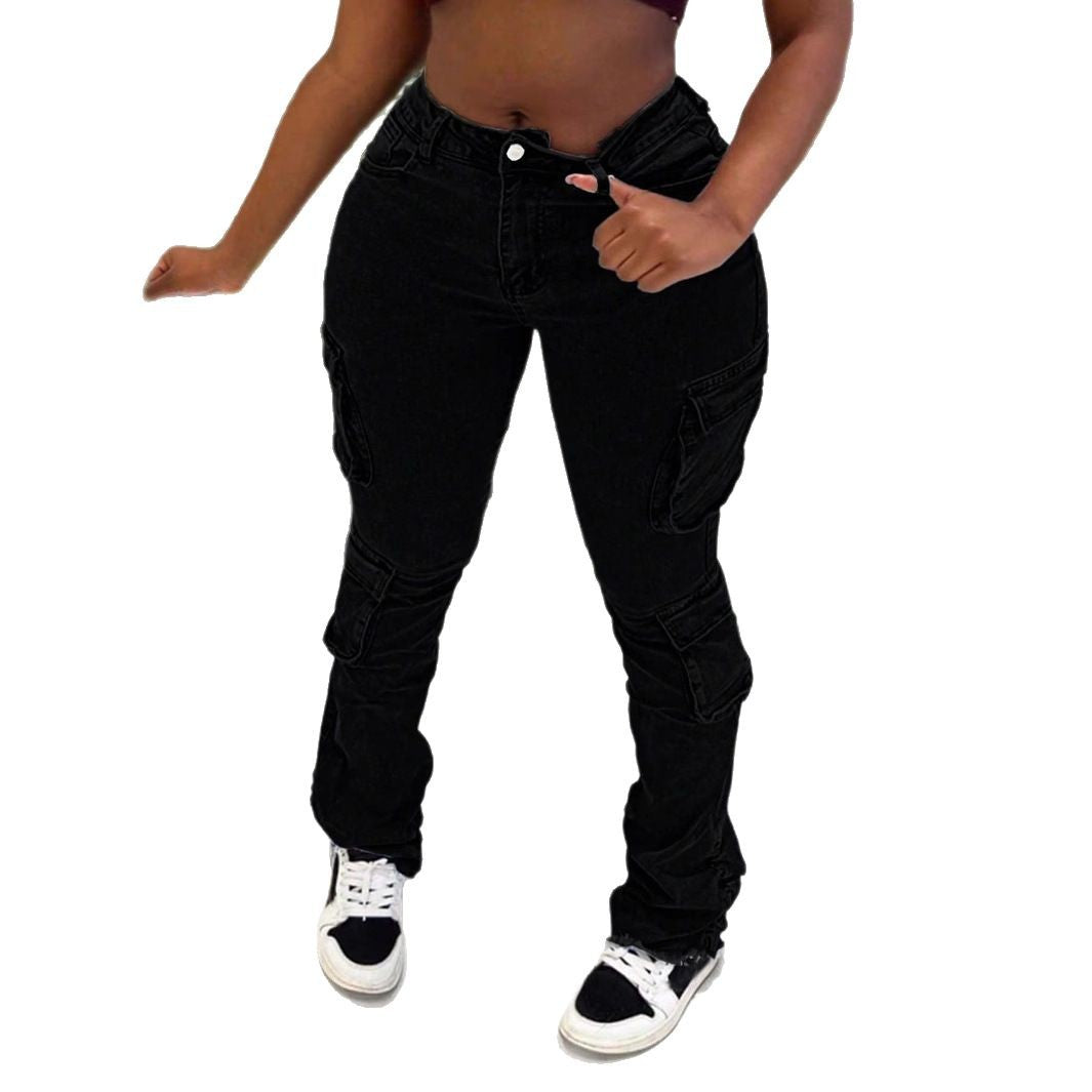Ladies High-Waisted Cargo Jeans with Multiple Flap Pockets and Long Leg Mune Fashion