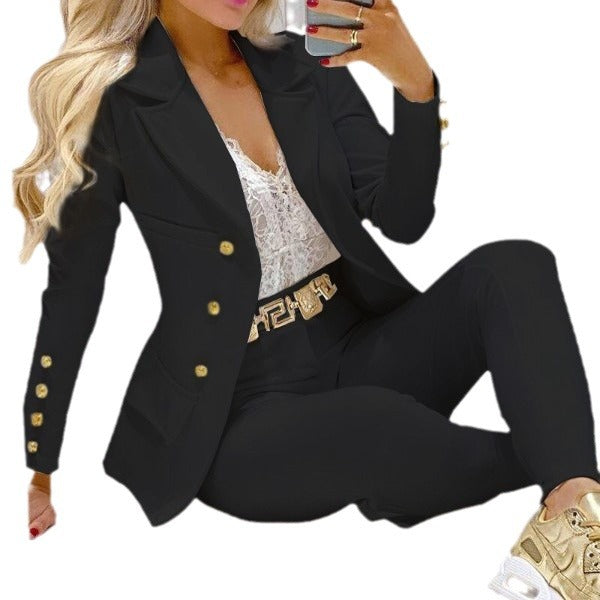 Women's fitted double-breasted blazer set with gold button detail and high-waisted slim pants Mune Fashion