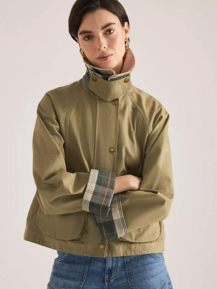 Women's transitional jacket with corduroy collar, checkered inner cuffs, and patch pockets Mune Fashion