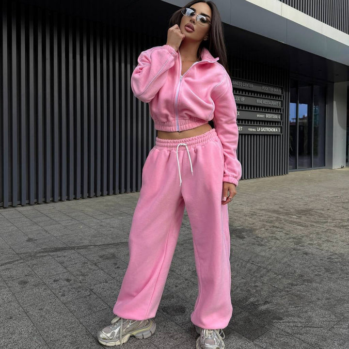 Women's Cropped Zip Fleece Set with Tailored Drawstring and Wide Pant Leg Mune Fashion