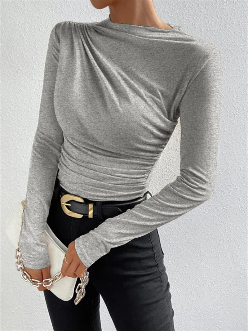 Women fitted long-sleeve shirt with side gathering and wide shoulder section Mune Fashion