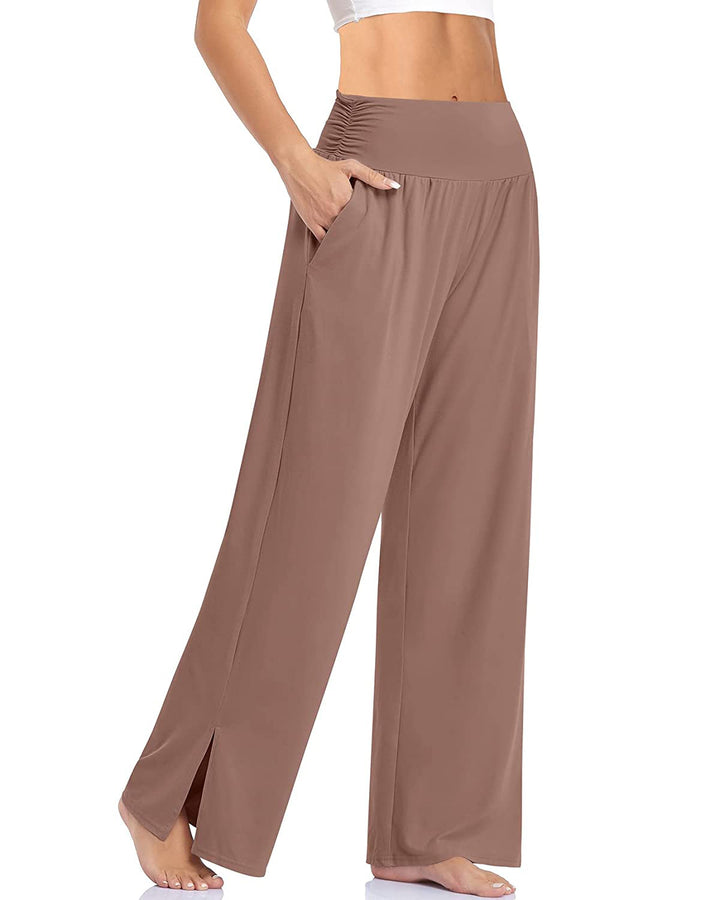 Women's wide Yoga pants with high comfort waistband, side pockets, and side leg slit Mune Fashion