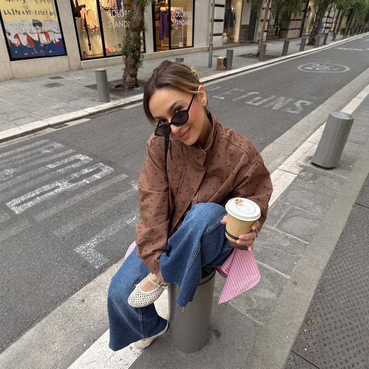 Women Two-Piece Polka Dot Loungewear Set made of Cotton Blend with Boxy Jacket and High-Waisted Wide Leg Pants Mune Fashion